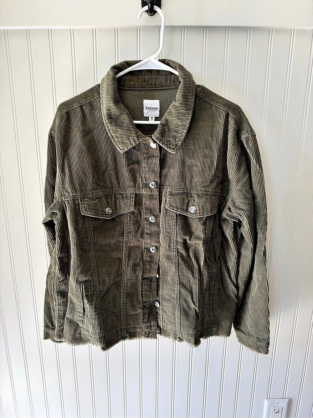 kensie Striped Corduroy Jacket in Green Size Medium